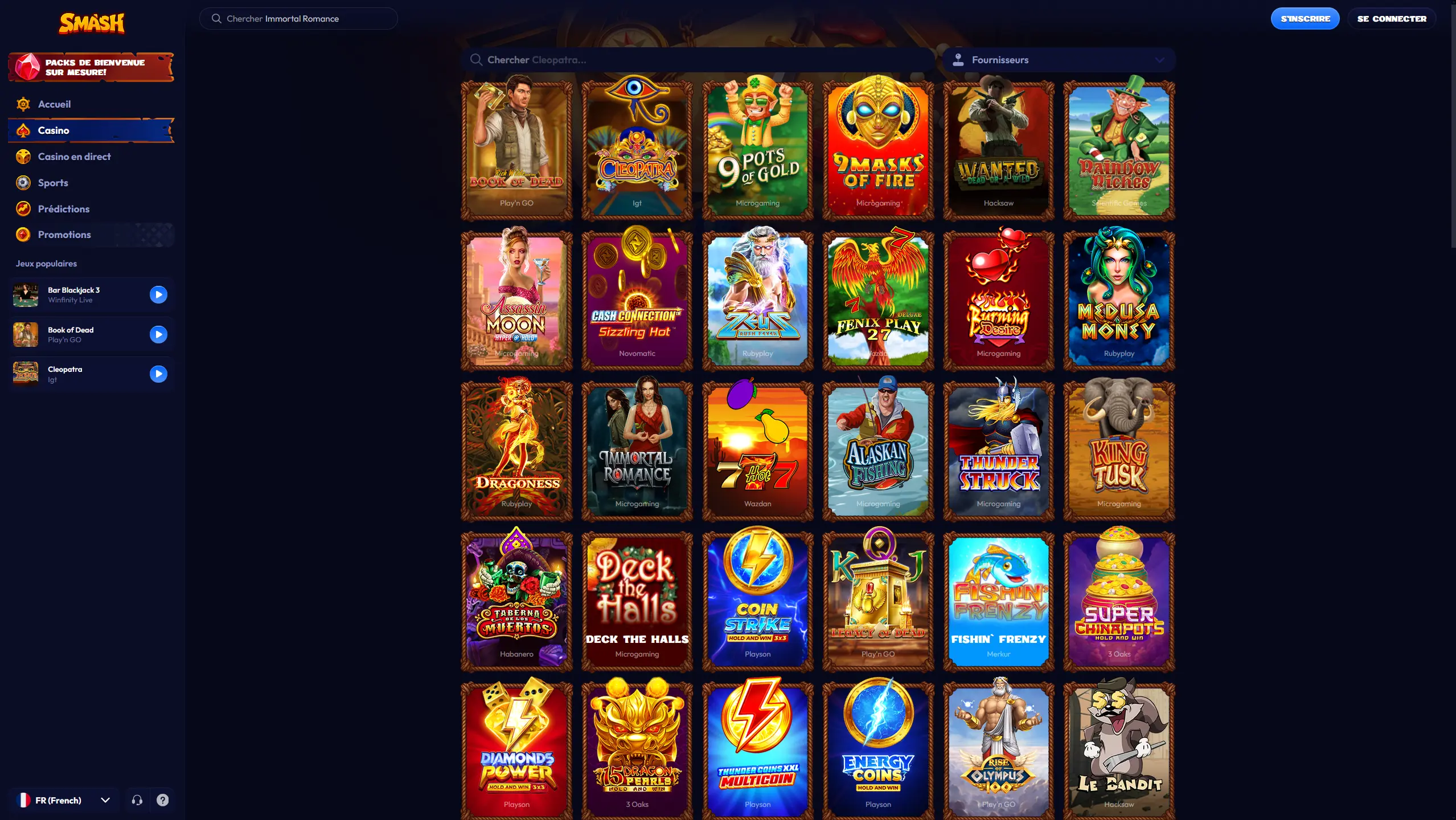 Collections du lobby et titres crash de Smash Casino